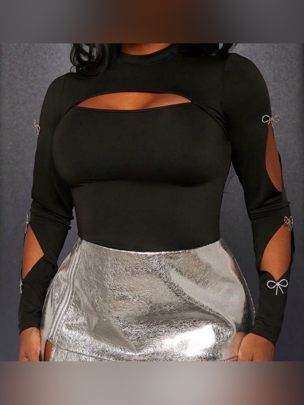 SHEIN Black Long-Sleeve Cutout Top with Sleeve Bows